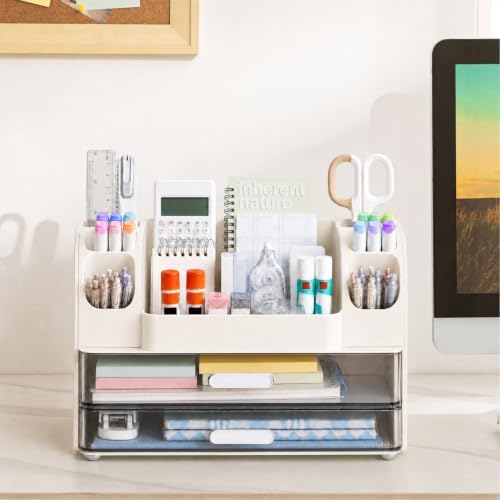 HBlife Desk Organizer with Pencil Pen Holder for Desk, Pen Organizer with 2 Drawers, Desk Organizers and Accessories with Compartments, Desktop Storage for Office, Home, School, Art Supplies, White