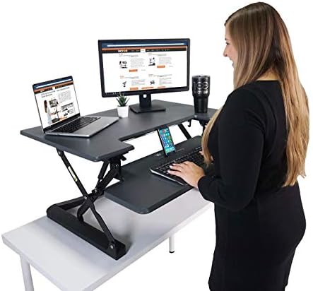 Victor High Rise 36-Inch Desk Converter, Height Adjustable Sit to Stand Riser, Dual Monitor and Laptop Workstation with Keyboard Tray, Gray