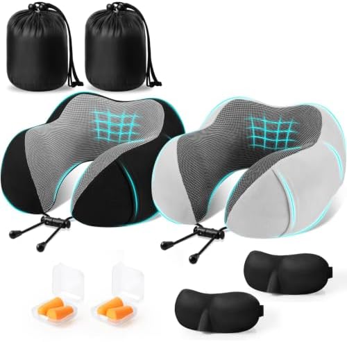 CloudBliss Memory Foam Travel Neck Pillow, Set of 2, Black & Light Grey