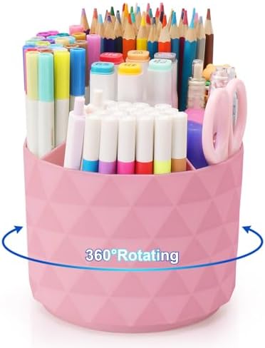 Desk Organizer, 360-Degree Rotating Pencil Pen Holders For Desk, Diamond Pattern Pen Organizer With 5 Compartments, Cute Desk Accessories Decor For Office, School,Home,Art Supply (Pink)