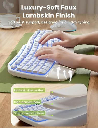 SABLUTE White Wireless Keyboard and Mouse Combo, Light up Ergonomic Keyboard Set, 2.4G Full Size Ergo Wave Key Board with Cushioned Plam Rest, Silent Mouse, for Computer/Laptop/Windows/Mac