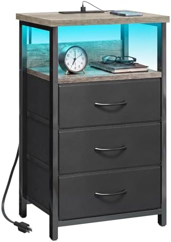 Fixwal Night Stand with 3 Fabric Drawers, Nightstand with Charging Station