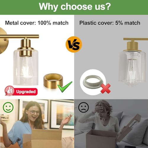 Zarbitta 2-Light Bathroom Light Fixtures, Brushed Gold Vanity Light, Modern Vanity Lights with Clear Glass Shade, Bathroom Wall Lamp for Mirror Kitchen Living Room Hallway Cabinet Porch