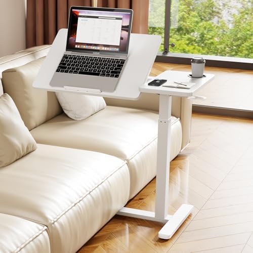 Overbed Table with Wheels, Pneumatic Lift, Foldable Top (White)