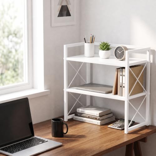 Adjustable Desktop Bookshelf, Metal Desk Shelf Organizer, White