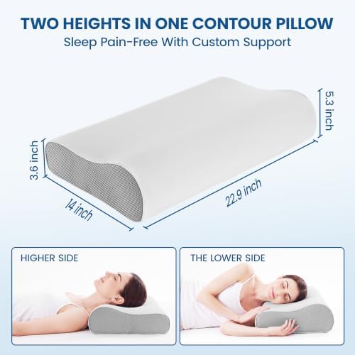 Cervical Neck Pillow for Neck Pain Relief, Odorless Memory Foam Pillow with Adjustable 2 Heights, Cooling Bed Pillow Neck Support Pillow for Side, Back & Stomach Sleepers, Standard Size(Grey)