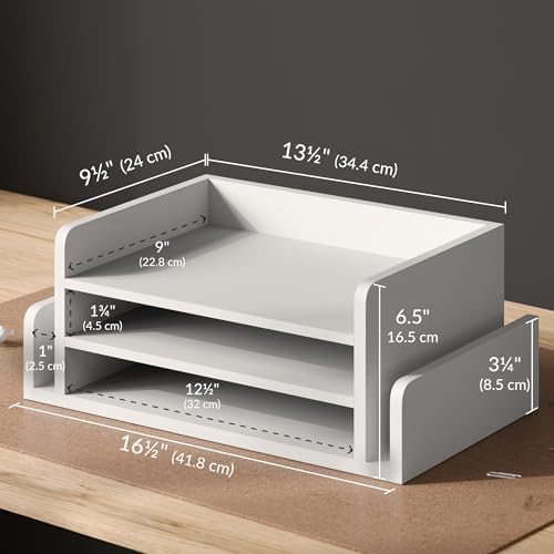 Ballucci 3-Tier Desk Organizer with 2 Side Mail Sorter Slots, Wood Letter Tray, Open Top Paper Organizer, Desktop File Organizer, White