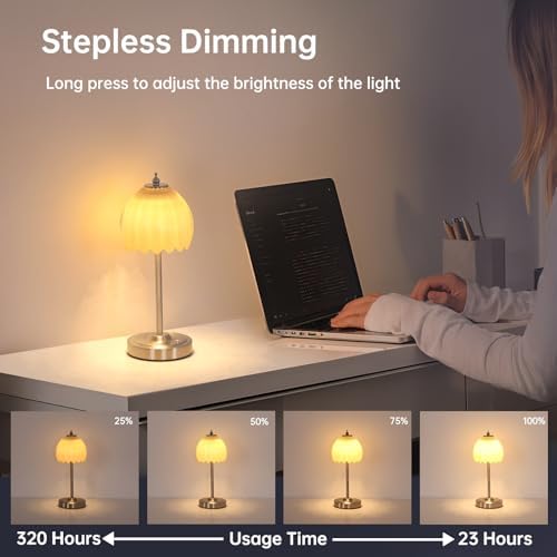 Shenmoyl Tulip Table Lamp with 5200mAh Battery & Touch Control, Cordless Small Table Lamp with 3 Colors, Dimmable Rechargeable Table Lamps for Living Room, Bedroom, Desk, Bedside (Creamy Yellow Tulip)