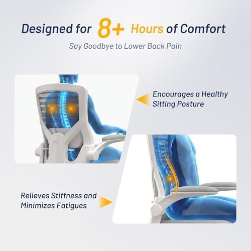 Office Chair for Long Hours & Lower Back Pain Relief 4" Molded Foam Cushion, Padded Lumbar Support, Flip-Up Armrests, Breathable Mesh Backrest, Ergonomic Design, Light Gray