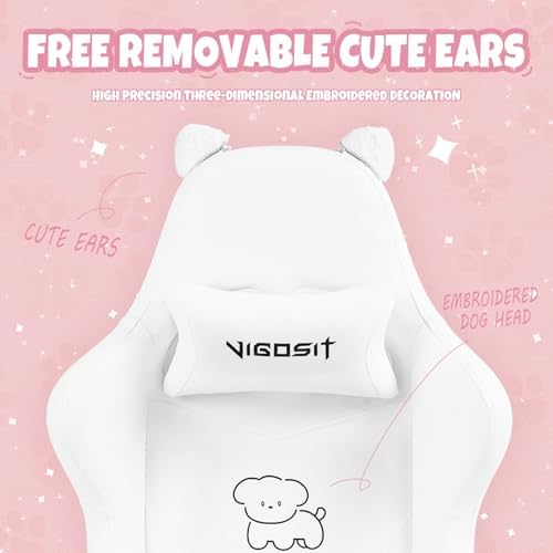 Gaming Chair, Cute Cat Gaming Chairs with Paw Lumbar Cushion for Girls, Video Gamer Chair with Footrest for Girl Teen Woman (White-A)