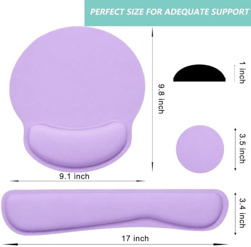 Keyboard Wrist Rest Pad Mouse Pad with Wrist Support Set of 3, Mousepad with Non-Slip Rubber Base, Ergonomic Memory Foam Mouse Wrist Cushion Support for Home Office Laptop Computer Gaming, Purple