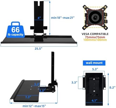 Monitor Wall Mount with Keyboard Tray and PC Wall Mount Set, Monitor and Keyboard Wall Mount Height Adjustable Fits 17"-32" Computer Screens, All in One PC Wall Mount with VESA Standard, 26" Wide Plat