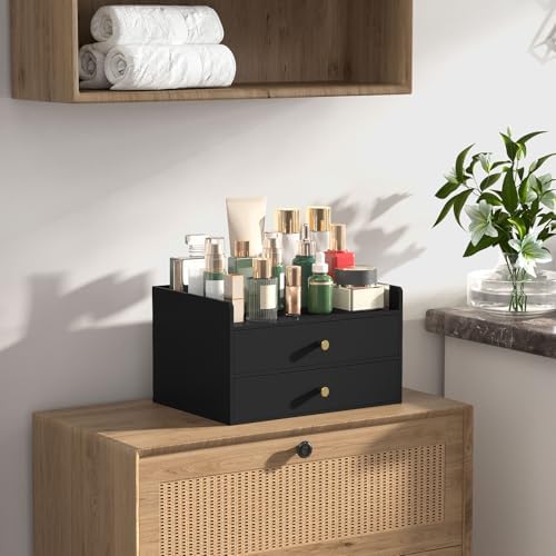 Bamboo Desk Organizer with Drawers,Wooden Desktop Storage(2 Drawers, Black)