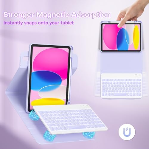 YBING Keyboard Case for iPad 10th Gen 10.9 inch(2022) & 11th Gen(A16, 2025), 7-Color Backlit Detachable Keypad & Rotatable Magnetic Case with Pencil Holder (Purple)
