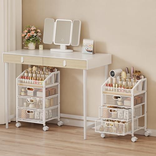 HapiRm Rolling Makeup Cart Organizer - Under Desk Makeup Storage with Wheels, Floor Make up Cart Skincare Organizers Desk Vanity Storage Organizer Cabinet for Cosmetics Makeup Brush Hair Tool, White