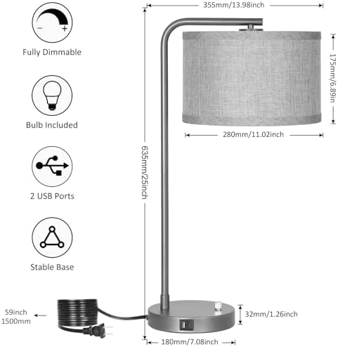Gray Bedside Lamp with USB C+A Ports, Fully Dimmable Modern Nightstand Lamp