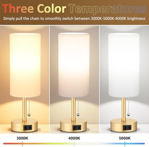 Gold Bedside Table Lamps Set of 2 - Bedroom Lamp for Desk, AC Outlet