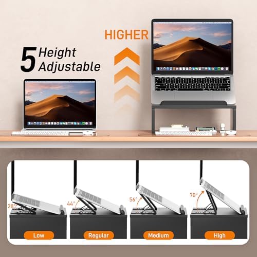 AFOOYO Adjustable Wood Laptop Stand with Storage Space - Notebook Organizer & Ergonomic Computer Riser, Wrist Rest Included, Compatible with 9.8-15'' Laptops (MacBook Air Pro/HP/Dell/Lenovo),Black