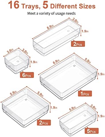 SMARTAKE 16 PCS Drawer Organizer, 5-Size Desk Bathroom Drawer Organizer