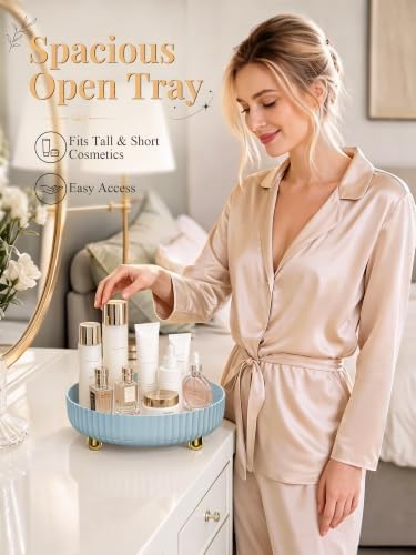 Niunuerga 360 Rotating Makeup Organizer - Perfume Vanity Skincare Tray Blue