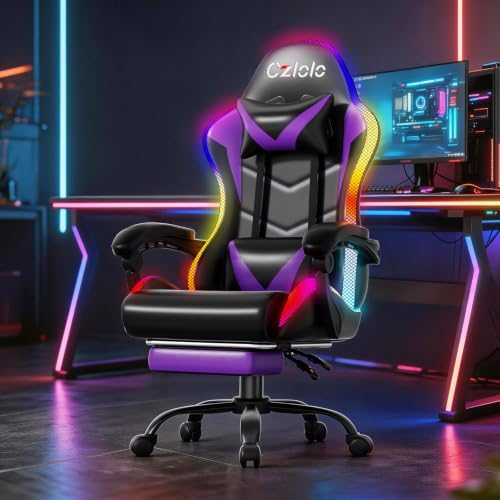 Czlolo Gaming Chair, RGB LED Lights Computer Chair with Footrest, Lumbar Support Massager Gamer Chair, High Back, 90-135° Reclining, Linkage Armrests, Purple