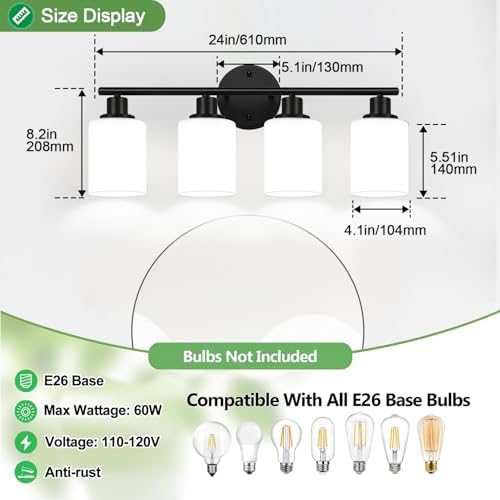 Zarbitta 4-Light Bathroom Light Fixtures, Black Modern Vanity Lights with Milky White Frosted Glass Shades, Bathroom Wall Lamp for Mirror Kitchen Living Room