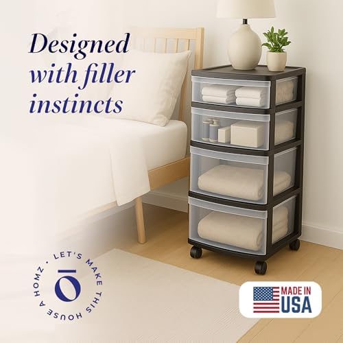 HOMZ Drawer Tower, 4-Tier Storage Cart with Removable Wheels, Black Frame