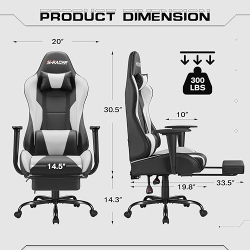 Homall Gaming Chairs, Computer Chair with Footrest and Massage Lumbar Support, Height Adjustable Game Chair with Headrest and Swivel Seat (White)