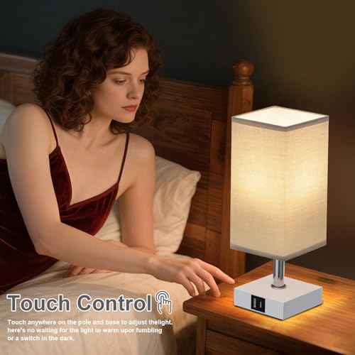 Touch Table Lamp for Bedroom - Dimmable, USB C+A, Grey Lamphade White Base