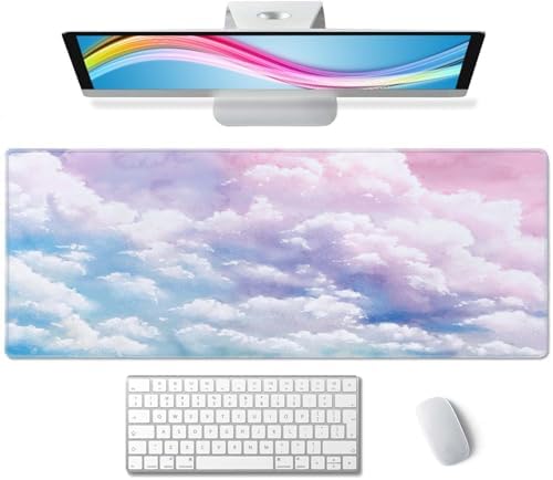 Cute Watercolor Pastel Sky Mouse Pad (31.5 × 11.8 × 0.12 inch) Extended Large Mouse Mat Desk Pad, Stitched Edges Mousepad,Non-Slip Rubber Base,Gaming Mouse Pad XL