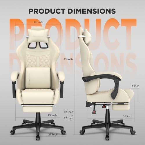 Ferghana Vintage PU Leather Gaming Chair, Ergonomic Gamer Chair with Massage, High Back Computer Office Chair with Footrest for Adults, Racing Style Reclining Video Game Chair (Beige)