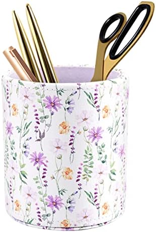 Pen Holder, Makeup Brush Holder Leather Cute Vintage Flowers Pattern Pencil Cup for Girls Kids Women Durable Stand Desk Organizer Storage Gift for Office, Classroom, Home, Cute Flower