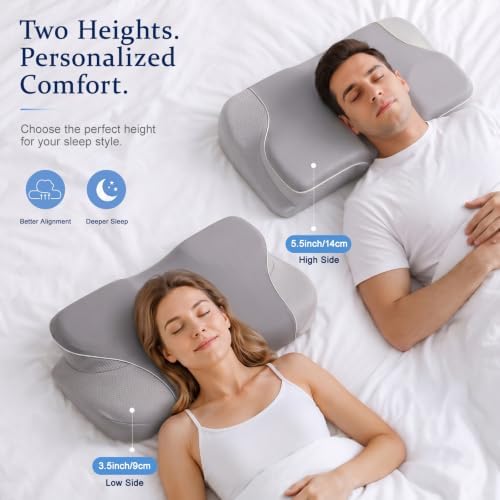 Cervical Neck Pillow for Pain Relief, Ergonomic Memory Foam Pillow for Neck & Shoulder Support，Grey, 60 * 36 * 13cm, Cooling Pillow for Side Back & Stomach Sleepers with Washable Cover