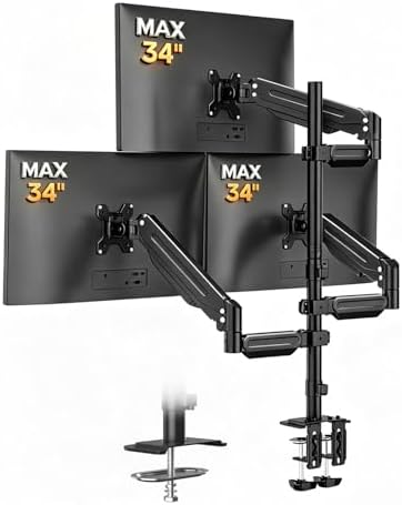 Bracwiser Triple Monitor Mount for Max 34" Screens, up to 24.25lbs Each, Full Adjustable 3 Monitor Desk Stand, Three Gas Spring Arm with Tilt Swivel Rotation, VESA 75x75/100x100mm, Black, MDX883B