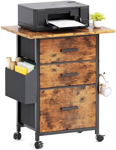 3-Drawer Mobile File Cabinet with 22" Wide Printer Stand, Fabric Filing Cabinet with Side Bag & Headphone Hook, Fits Letter/A4 Size Hanging File Folders, Rolling Home Office Organizer, Rustic Brown