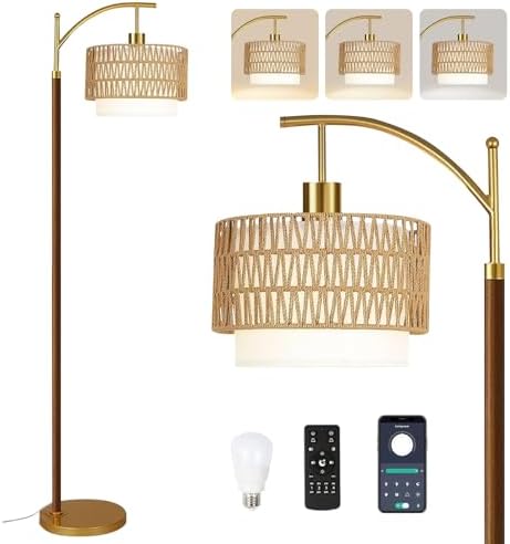 ZECOXOL Boho Floor Lamps for Living Room Rattan Floor lamp with Remote Control & 3 Color Temperatures,Vintage Wood Mid Century Modern Standing Lamp Dimmable Tall Floor Lamp for Bedroom Corner