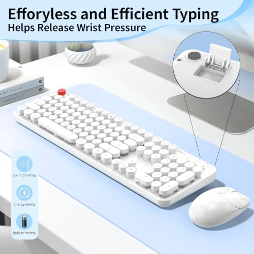 Wireless Keyboard Mouse, MOFII 104 Keys Cute Retro Typewriter White