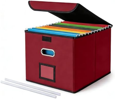 CADONO File Organizer Box with Lid (Wine Red, 14.9 x 12.59 x 10.8 inch)