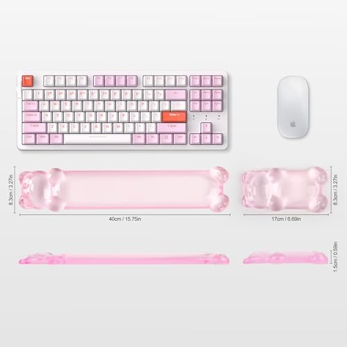 Gel Keyboard and Mouse Wrist Rest Set – Clear Wrist Rest for Computer Keyboard 60%/68%/75%, Comfort & Support for Typing and Gaming(Cute Pink Bear)