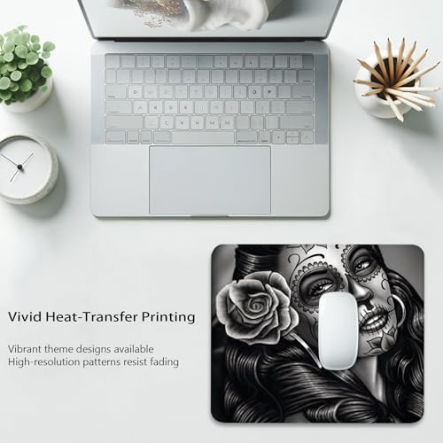 Monochrome Sugar Skull Portrait with Rose Mouse Pad, Durable Desk Mat