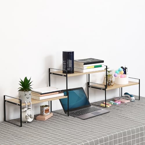 YGYQZ Desk Shelf Organizer for Top of Desk, 3-Tier Desktop Bookshelf, Black & Wood