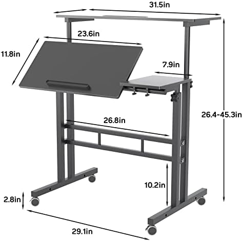 soges 31.5 inch Height Adjustable Mobile Tiltable Top Desk, Black