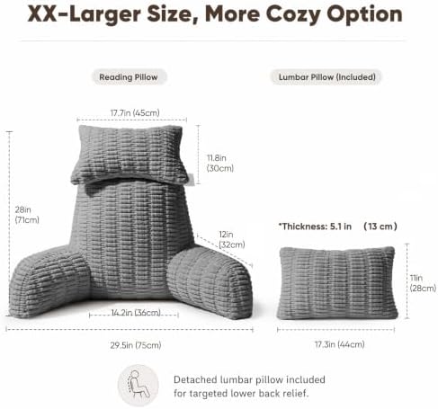 28" XXL Reading Pillow, Backrest Pillow with Detachable Neck Pillow