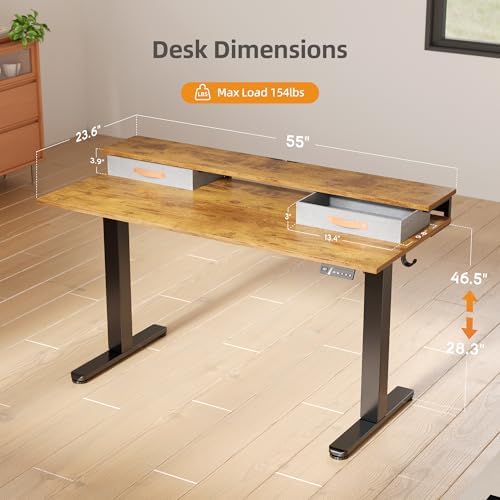 Seang Electric Standing Desk with 2 Drawers, 55 Inch, Rustic Brown