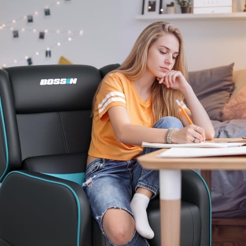 BOSSIN Gaming Recliner Chair for Adults 400lbs Racing Style Sofa Big and Tall PU Leather Recliner Seating, Modern Ergonomic Lounge Comfortable Home Movie Theater for Living Room(Cyan)