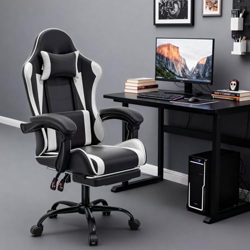 MoNiBloom Gaming Chair, Footrest & Lumbar Support, Height Adjust, White