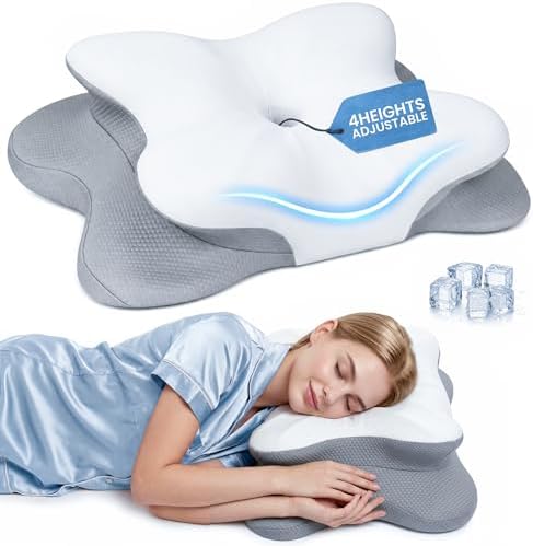 Cervical Pillow for Neck Pain Relief, 4-Height Adjustable Oeko-TEX Memory Foam Contour Pillow for Sleeping, Ergonomic Orthopedic Cooling Neck Pillow for Side Back Stomach Sleepers, Arm Support