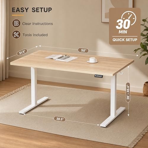 Grandder 55x32 Large Electric Standing Desk, Height Adjustable Computer Desk with 2 Memory Presets, 31.5" Deep Desktop Sit Stand Desk Home Office Desk Workstation Table with Hooks, Light Walnut