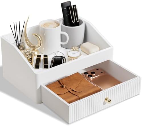 LADSTAG Office Desk Accessories,Beige White Vegan Leather Office Organizer with 1 Drawer & Tray,Pen Holder with Gold-Tone Metal Accents Knob for End Tables,Bedside Table,Bedroom.