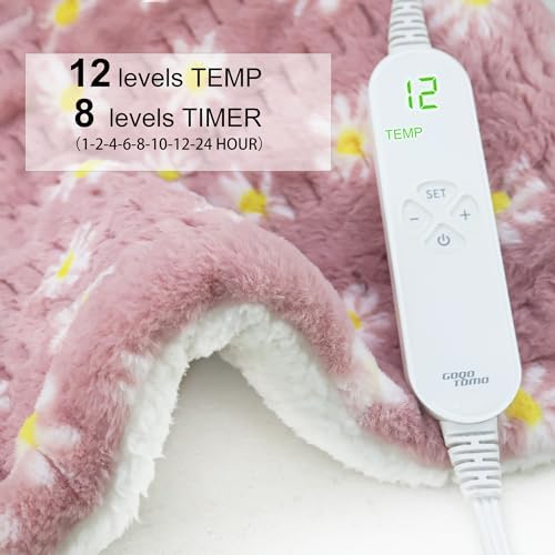 GOQO TOMO Heating Pad, 12 x 24 Inch, Pink Floral Pattern, Machine Washable, 8 Timer Settings, 12 Heat Levels, for Back Pain Relief-P01